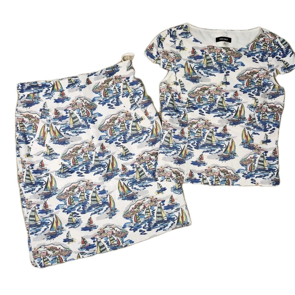 Nine West Linen Blend Sailboat Print Skirt & Top Set Size 6 Coastal Summer